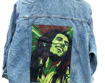 Retro 80s 90s Vintage Denim Jacket - Bob Marley Rasta Music Back Printed Patched Jacket Biker Rocker Jacket