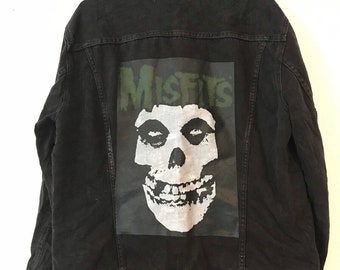 Retro 80s 90s Vintage Denim Jacket - Misfits Skull Back Printed Patched Jacket Rock Music