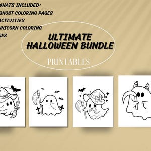 Puede incluir: Un paquete imprimible de Halloween con páginas para colorear de fantasmas y actividades. La imagen muestra el texto "Ultimate Halloween Bundle Printables" y "Whats Included: 20 Ghost Coloring Pages, 15 Activities, 18 Unicorn Coloring Pages."