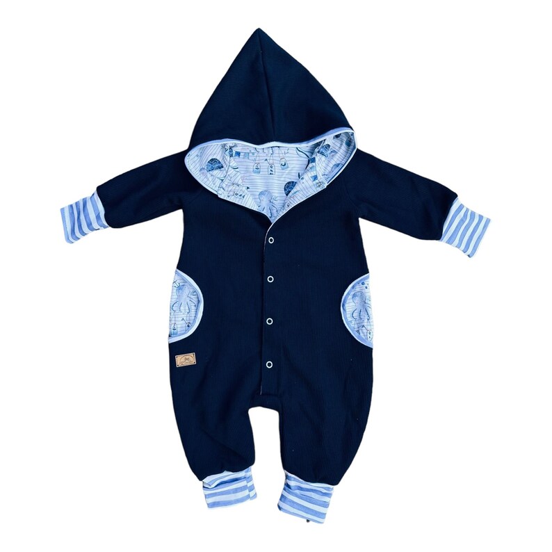 Strickoverall dunkelblau marine Qualle maritim Tintenfisch Qualle Babygeschenk Jacke Taufe Bild 2