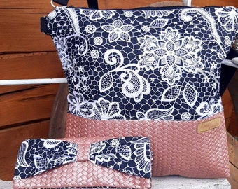 Set: Schultertasche und Geldbörse Zopfmuster Ornamente schwarz rosa Geschenk Land-Juwelen