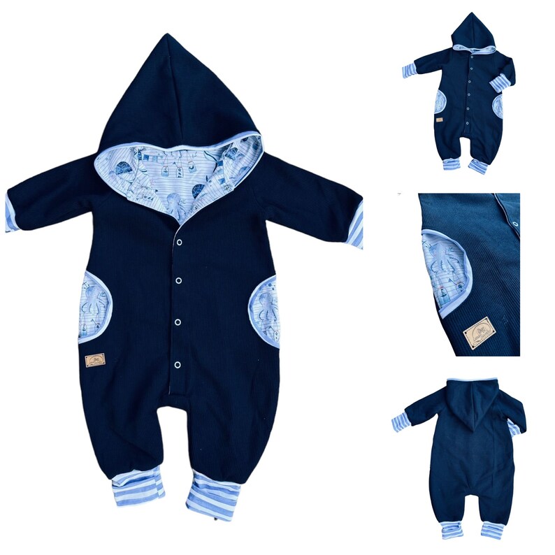 Strickoverall dunkelblau marine Qualle maritim Tintenfisch Qualle Babygeschenk Jacke Taufe Bild 1