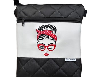 Bestickte Umhängetasche schwarz weiß Frau Rockabilly / Geschenk für die Frau