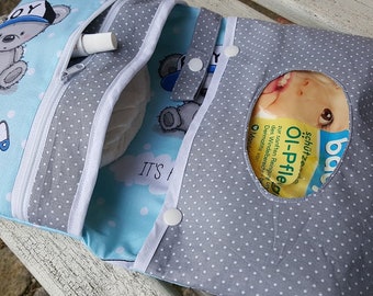 XXL Windeltasche Teddy blau grau Punkte Wunschname