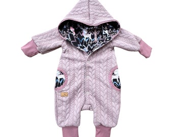 Overall with cable pattern old pink boho forest animals black baby gift jacket baptism