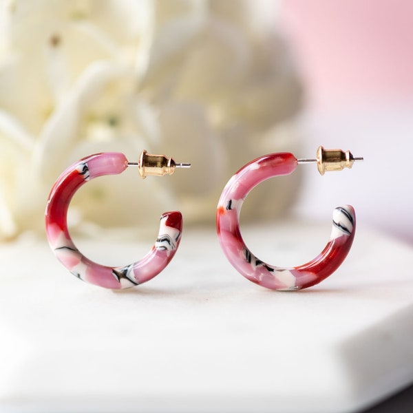 Ultra Mini Hoops in Cherry Blossom | Pink and Red Acetate Resin Hoop Earrings .999 Sterling Silver Posts