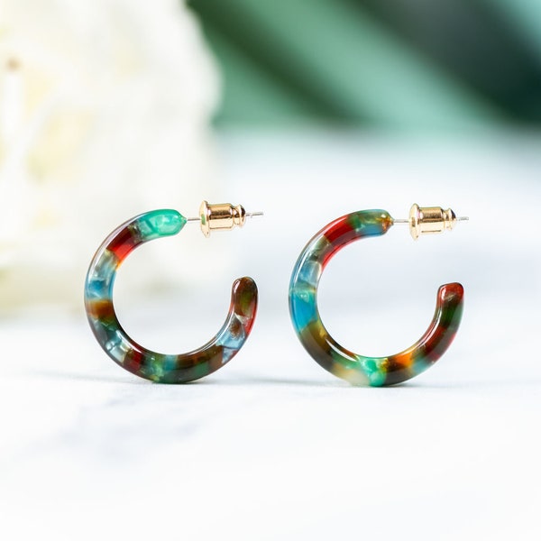 Ultra Mini Hoops in Rainforest | Colorful Green Christmas Earrings Acetate Resin Hoop Earrings 925 Sterling Silver Posts