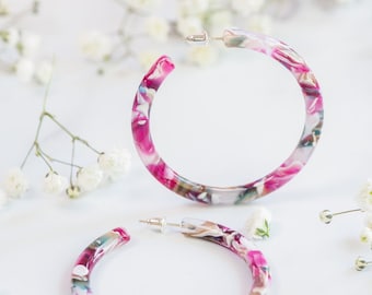50mm Round Hoops in Water Lily | Pink Floral Acetate Resin Tortoise Shell Hoop Earrings S925 Posts