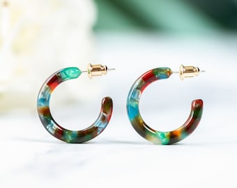 Ultra Mini Hoops in Rainforest | Colorful Green Christmas Earrings Acetate Resin Hoop Earrings 925 Sterling Silver Posts