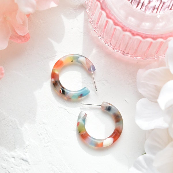 Ultra Mini Hoops in Rainbow | Small Acetate Confetti MultiColored Hoop Earrings 925 Silver Posts