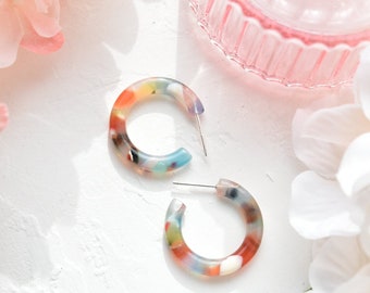 Ultra Mini Hoops in Rainbow | Small Acetate Confetti MultiColored Hoop Earrings 925 Silver Posts