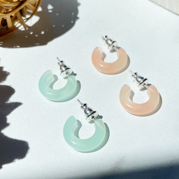 Huggie Hoops in Jade and Peach | Light Dainty Minimalist Pearl Acetate Resin Pink Turquoise Hoop Earrings 925 Sterling Silver Posts