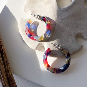 Ultra Mini Hoops in Stained Glass| Colorful Stained Glass Window Art Hoop Earrings Cellulose Acetate 925 Silver Posts