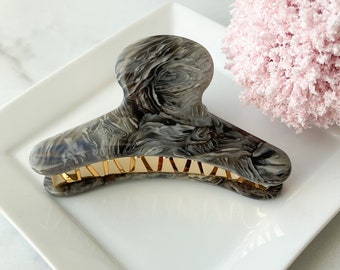 French Hair Claw in Granite | Dark Grey and Light Grey Swirled Marble Hair Clip Claw Cellulose Acetate Stainless Steel