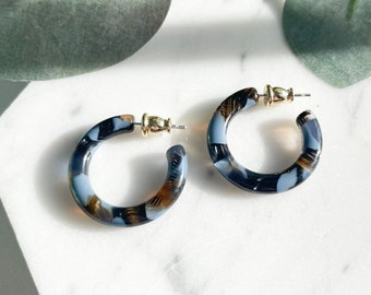 Ultra Mini Hoops in Reef | Small Acetate Blue Brown Beach Hoop Earrings 925 Silver Posts