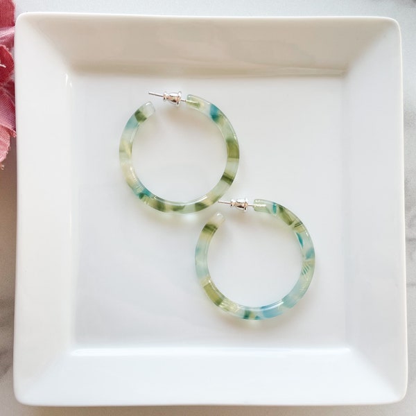 40mm Thin Round Hoops in Dew Drop | Blue Green Gold Shell Hoop Earrings 925 Sterling Silver Posts