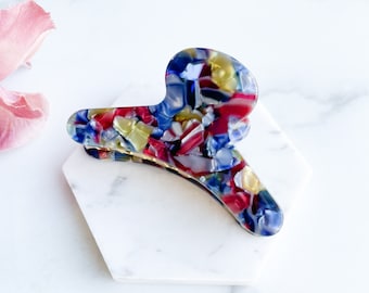French Claw in Stained Glass | Colorful Blue Red Acetate Glass Hair Clip Gold Plated Stainless Steel Teeth