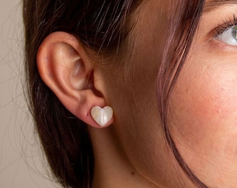 Iridescent Heart Stud Earrings | White Opalescent Pearl, .925 Silver