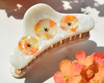 Three Poppy Claw | White Opal and Orange Poppy Hair Clip with Stainless Steel