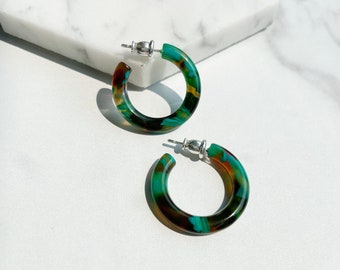 Ultra Mini Hoops in Spanish Moon | Green and Brown Pearl Hoop Earrings 925 Sterling Silver Posts
