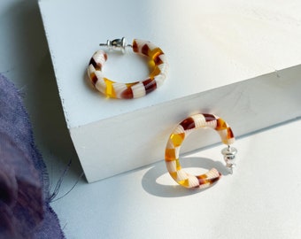 Ultra Mini Hoops in Tetris | Orange and White Checkered Hoop Earrings 925 Sterling Silver Posts