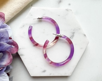 40mm Thin Round Hoops| Large Resin Hoop Earrings Cellulose Acetate 925 Sterling Silver Posts