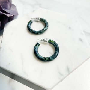 Ultra Mini Hoops in Green Agate | Green and Blue Swirl Hoop Earrings 925 Sterling Silver Posts