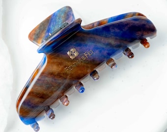 Italian Acetate Wave Claw Clip | Blue Jasper Tortoise Shell