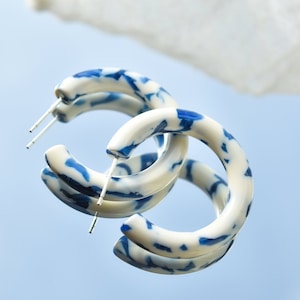 Thick Round 35mm Hoops in Porcelain | Thick Chunky White and Blue Hoop Earrings Cellulose Acetate 925 Sterling Silver Posts
