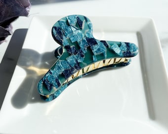 French Hair Claw in Cerulean | Blue Teal Ocean Resin Cellulose Acetate Hair Jaw Clip Stainless Steel