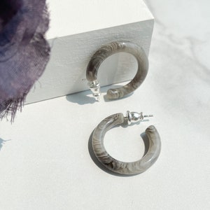 Ultra Mini 24mm Hoops in Granite | Gray and White Swirl Stone Hoop Earrings 925 Sterling Silver Posts