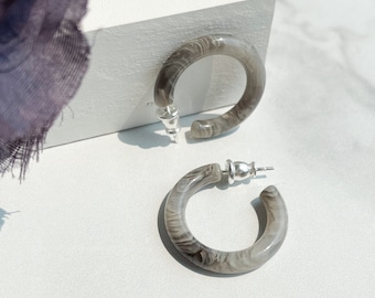 Ultra Mini Hoops in Granite | Gray and White Swirl Stone Hoop Earrings 925 Sterling Silver Posts