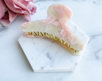 French Hair Claw in Creamsicle | Light Pink and White Cream Hair Clip Claw Cellulose Acetate Stainless Steel