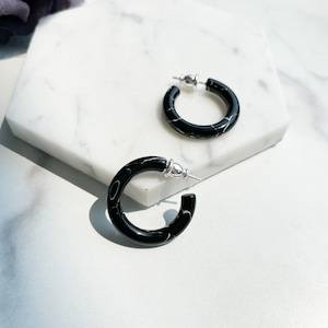 Ultra Mini Hoops in Obsidian | Black and White Swirl Hoop Earrings 925 Sterling Silver Posts