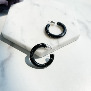 Ultra Mini 24mm Hoops in Obsidian | Black and White Swirl Hoop Earrings 925 Sterling Silver Posts