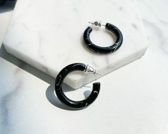 Ultra Mini Hoops in Obsidian | Black and White Swirl Hoop Earrings 925 Sterling Silver Posts