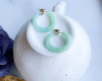 Ultra Mini Hoops in Jadeite | Small Acetate Green Blue Teal Jade Hoop Earrings 925 Silver Posts