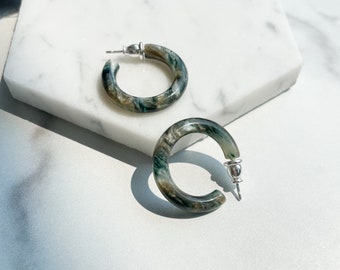 Ultra Mini Hoops in Moss | Green and Gray Pearl Hoop Earrings 925 Sterling Silver Posts