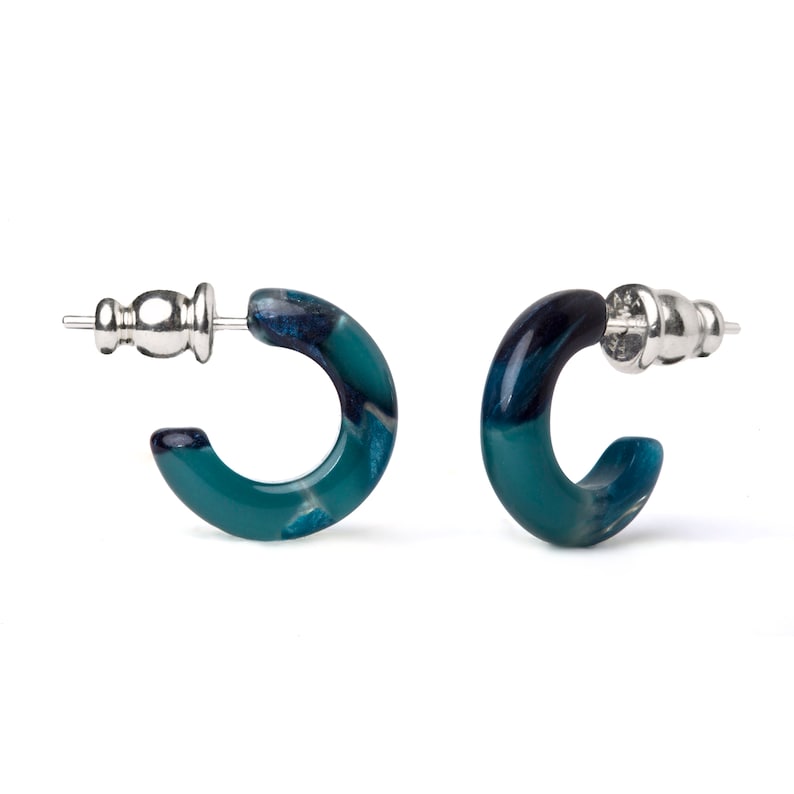 Huggie Hoops In The Canyon Collection Cellulose Acetate Resin Gemstone Hoop Earrings 925 Sterling Silver Posts Cerulean