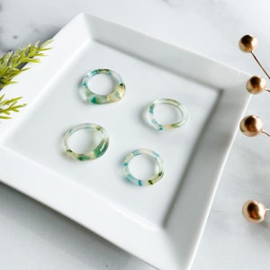 Dew Drop Ring Collection | Green Blue Tortoise Shell Italian Acetate Resin Minimalist Statement Stacking Rings