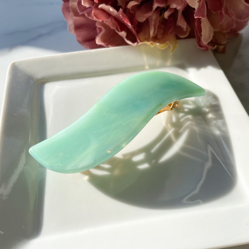 Wave Barrette in Jadeite Teal Green Jade French Barrette Snap Hair Clip Non Slip image 2