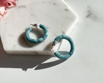 Ultra Mini Hoops in Aqua | Small Blue Swirl Acetate Hoop Earrings 925 Sterling Silver Posts Minimalist Jewelry Gift For Her