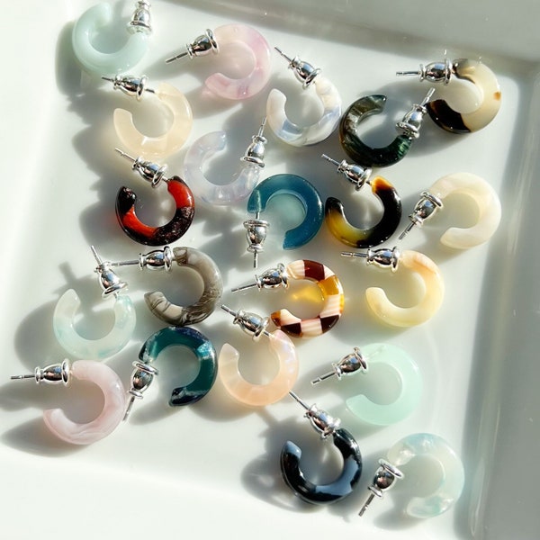 Huggie Hoops Choose 3 Pair Mini Hoop Earring Set 925 Sterling Silver Posts Tortoise Shell Acetate Earrings