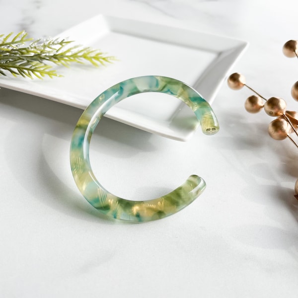 Lush Bangle Cuff in Dew Drop | Thick Green Gold Blue Bracelet Italian Cellulose Acetate