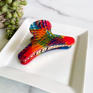French Hair Claw in Macaw | Red Blue Yellow Tropical Parrot Hair Clip Acetate Stainless Steel