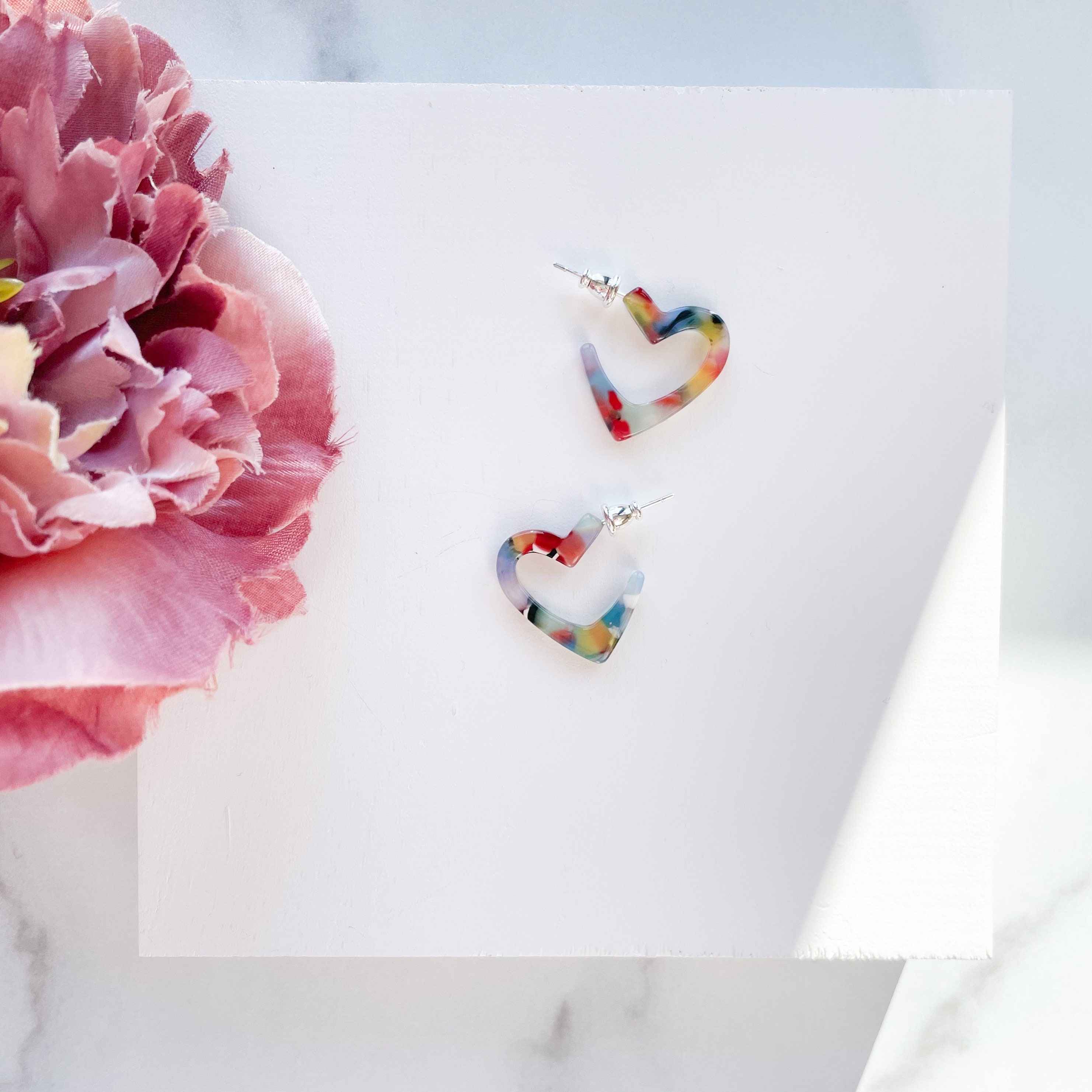 Mini Rainbow Heart Hoops Valentines Day Hoop Earrings Colorful Tortoi…
