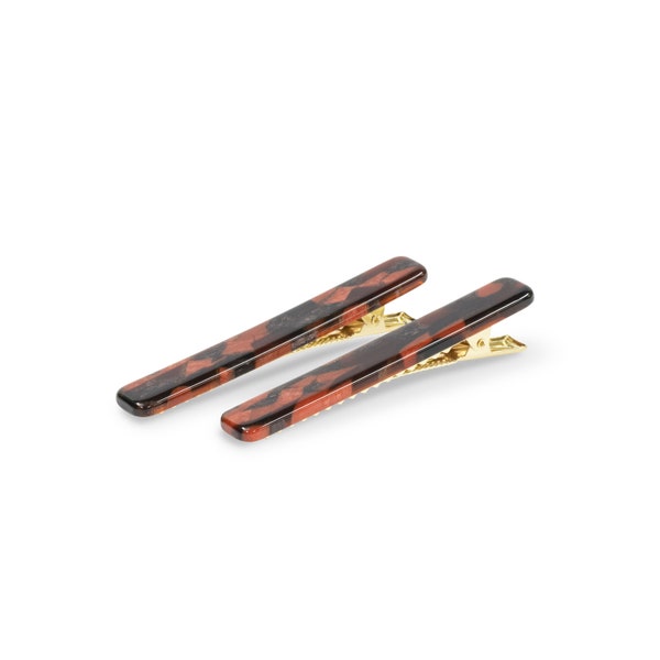 Long Rectangle Clips in Lava Rock | Red Brown Sectioning Hair Clips 2 Pack Cellulose Acetate and Stainless Steel