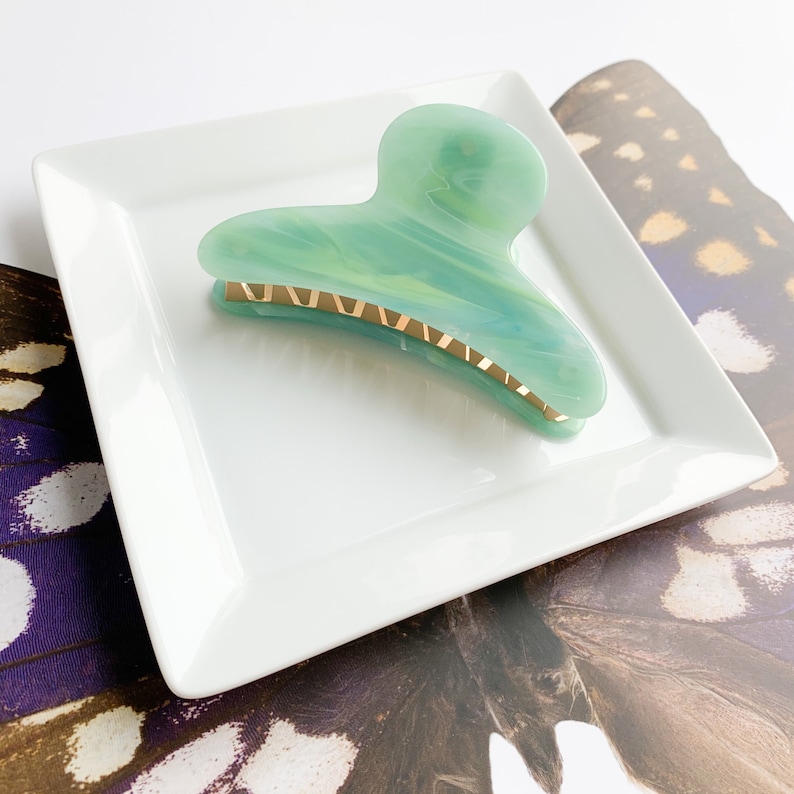 French Hair Claw in Jadeite Green Turquoise Acetate Resin Hair Clip Stainless Steel Gold Claw image 2