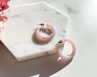Ultra Mini Hoops in Heather | Small Pink Mauve Swirl Acetate Hoop Earrings 925 Sterling Silver Posts Minimalist Jewelry Gift For Her