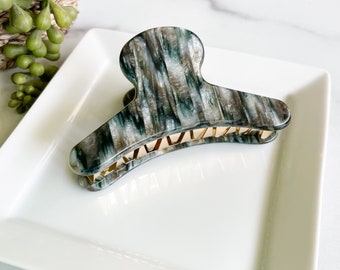 French Hair Claw in Moss | Green and Gray Hair Clip Acetate Stainless Steel